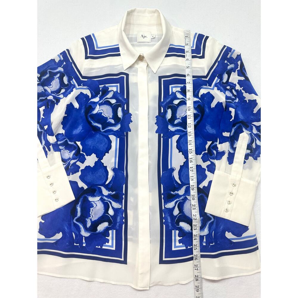 NWOT Aje Atomic 100% Silk Shirt Boldly Blooming Cobalt Floral Blouse Size 8 - Picture 11 of 15